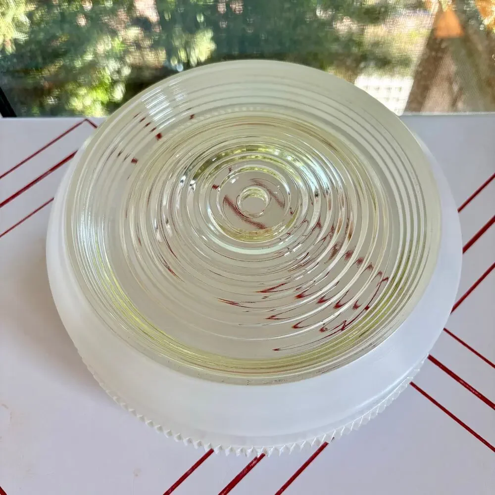 Vintage MCM Milk Glass Ceiling Light Shade Ribbed Clear Center